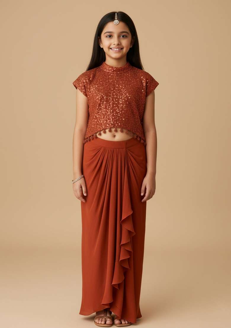 Girls Orange Sequin Crepe Fusion Set - Indya