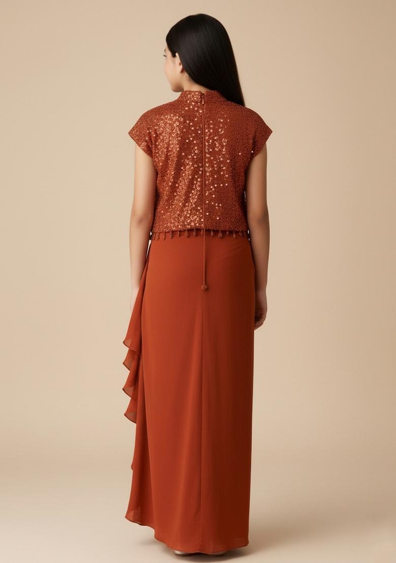 Girls Orange Sequin Crepe Fusion Set - Indya