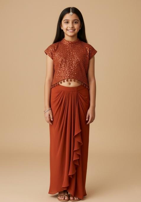 Girls Orange Sequin Crepe Fusion Set