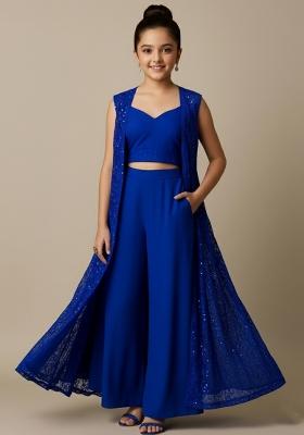 Girls Blue Embroidered Georgette Fusion Set