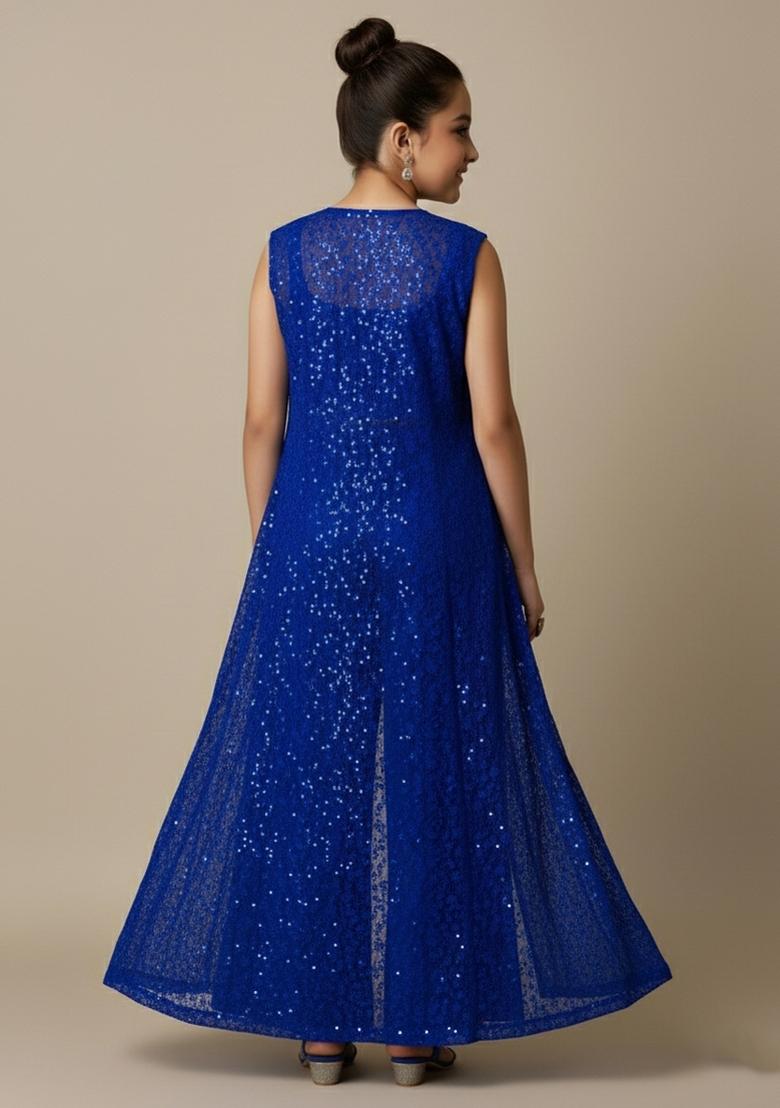 Girls Blue Embroidered Georgette Fusion Set - Indya