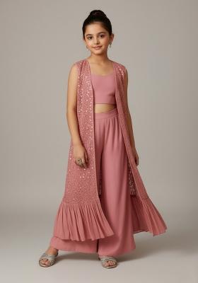 Girls Pink Embroidered Georgette Fusion Set