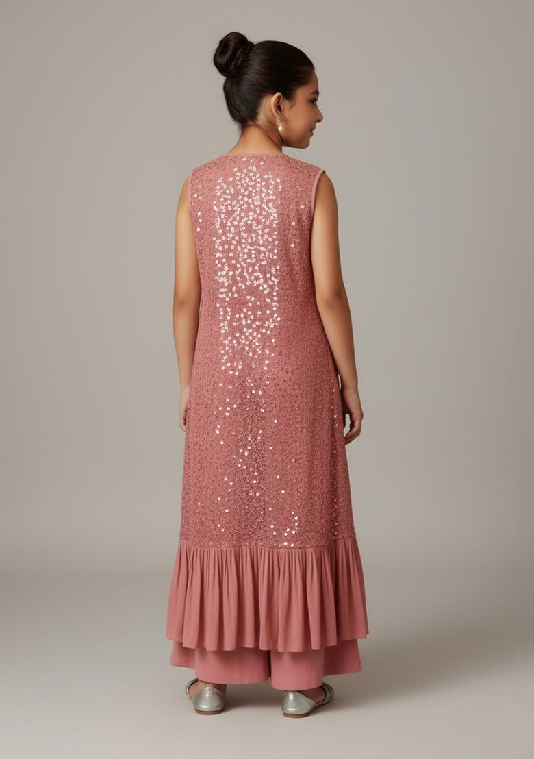 Girls Pink Embroidered Georgette Fusion Set - Indya