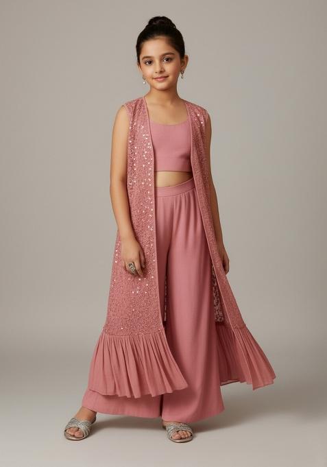 Girls Pink Embroidered Georgette Fusion Set