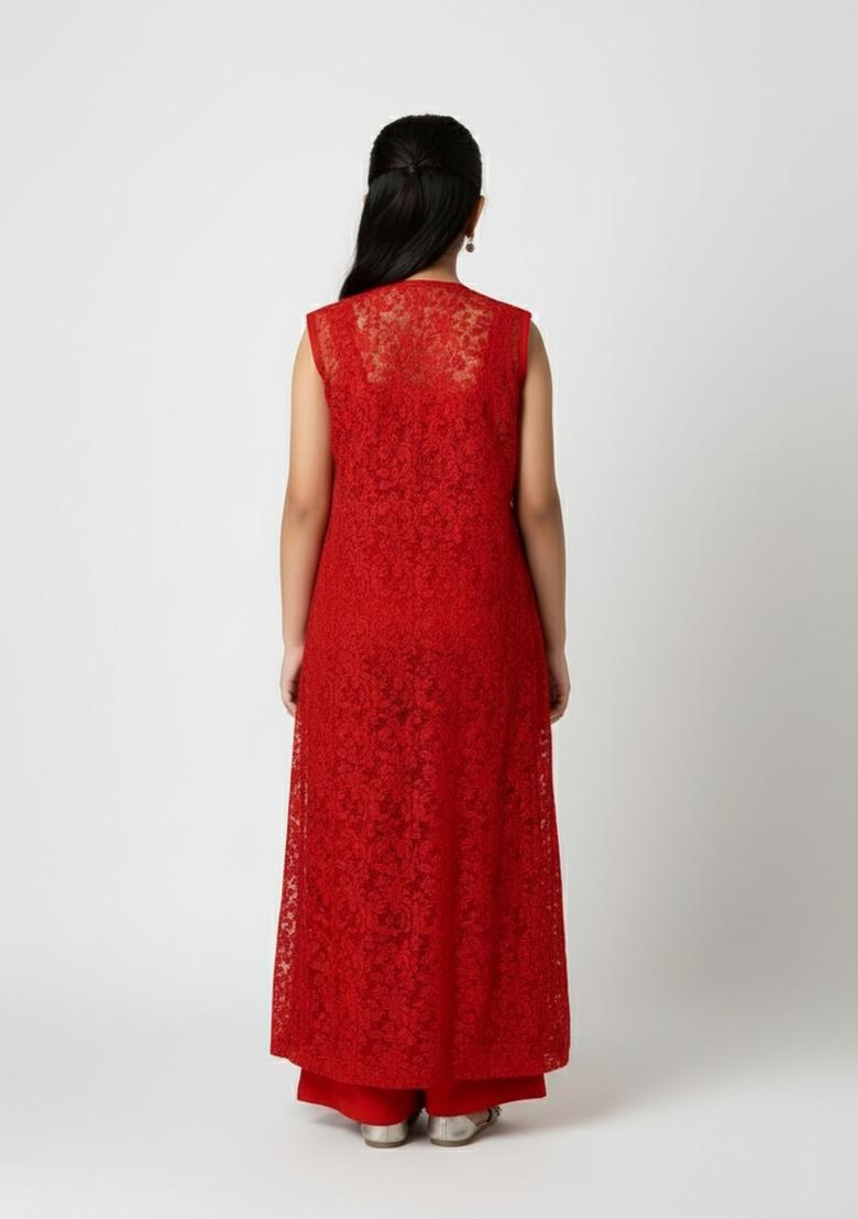 Girls Red Embroidered Georgette Fusion Set - Indya