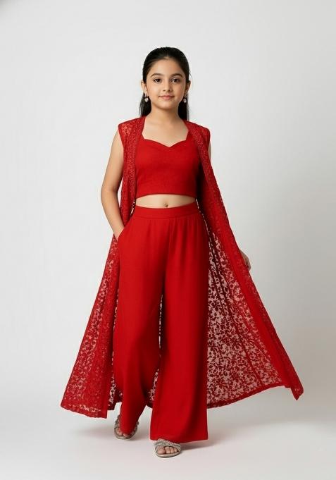 Girls Red Embroidered Georgette Fusion Set