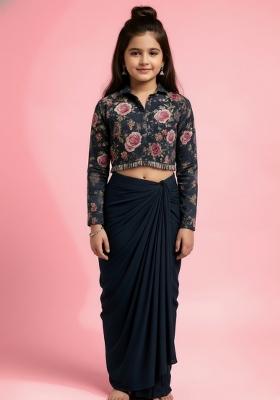 Girls Black Embroidered Crepe Fusion Set