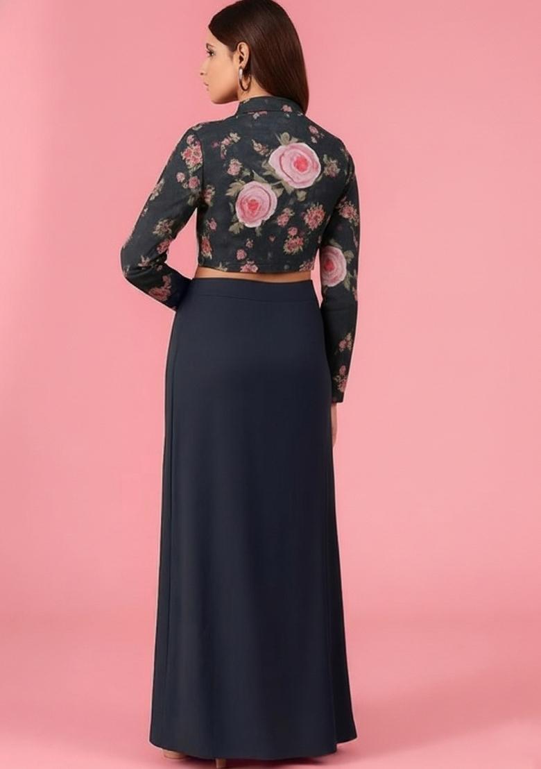 Girls Black Embroidered Crepe Fusion Set - Indya