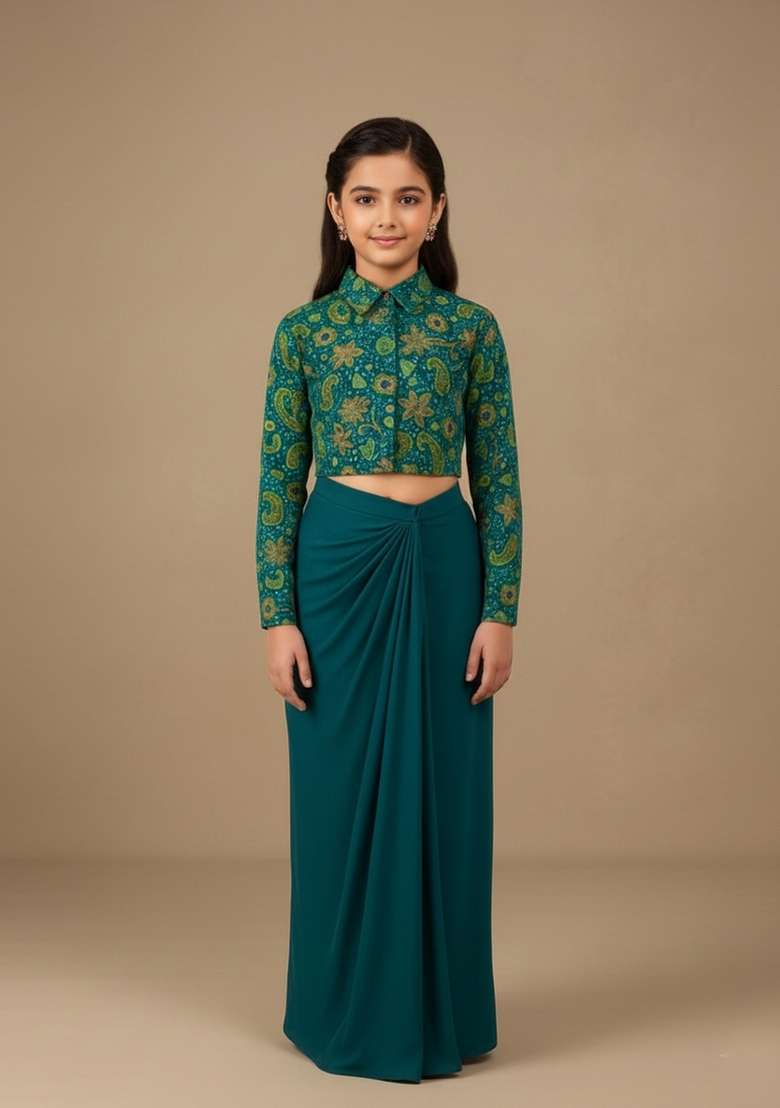 Girls Teal Blue Embroidered Crepe Fusion Set - Indya