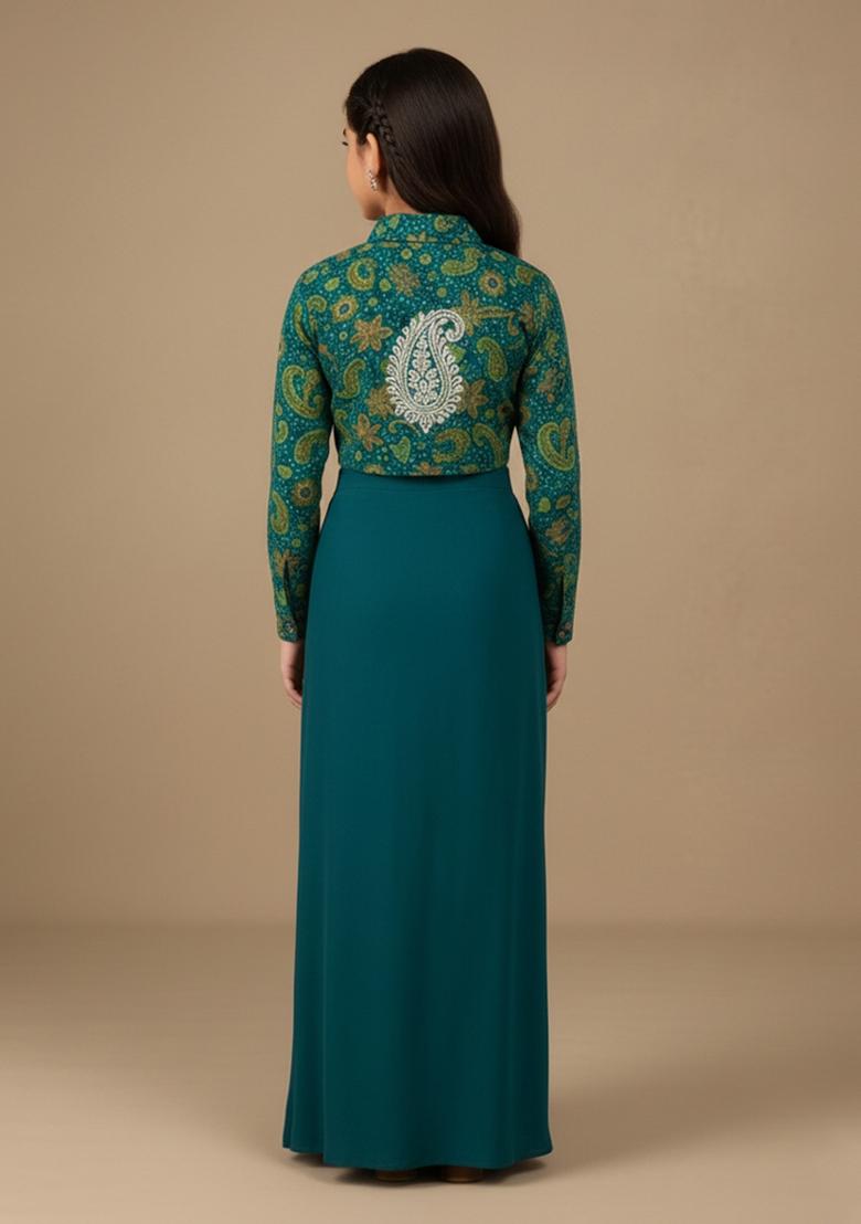 Girls Teal Blue Embroidered Crepe Fusion Set - Indya