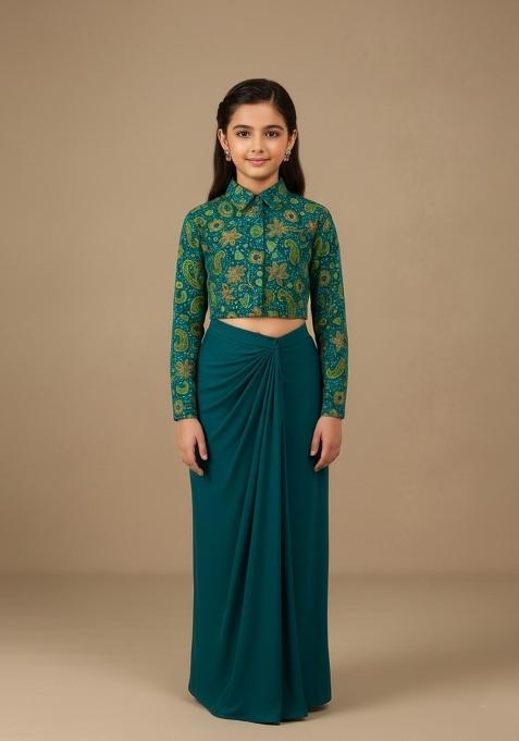 Girls Teal Blue Embroidered Crepe Fusion Set
