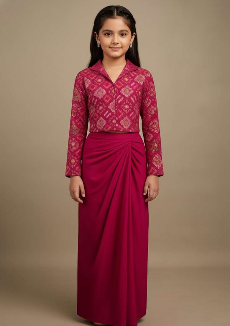 Girls Pink Zari Work Crepe Fusion Set - Indya