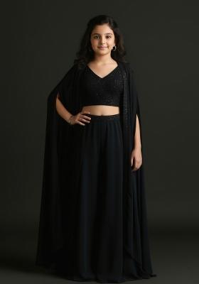 Girls Black Embroidered Georgette Fusion Set