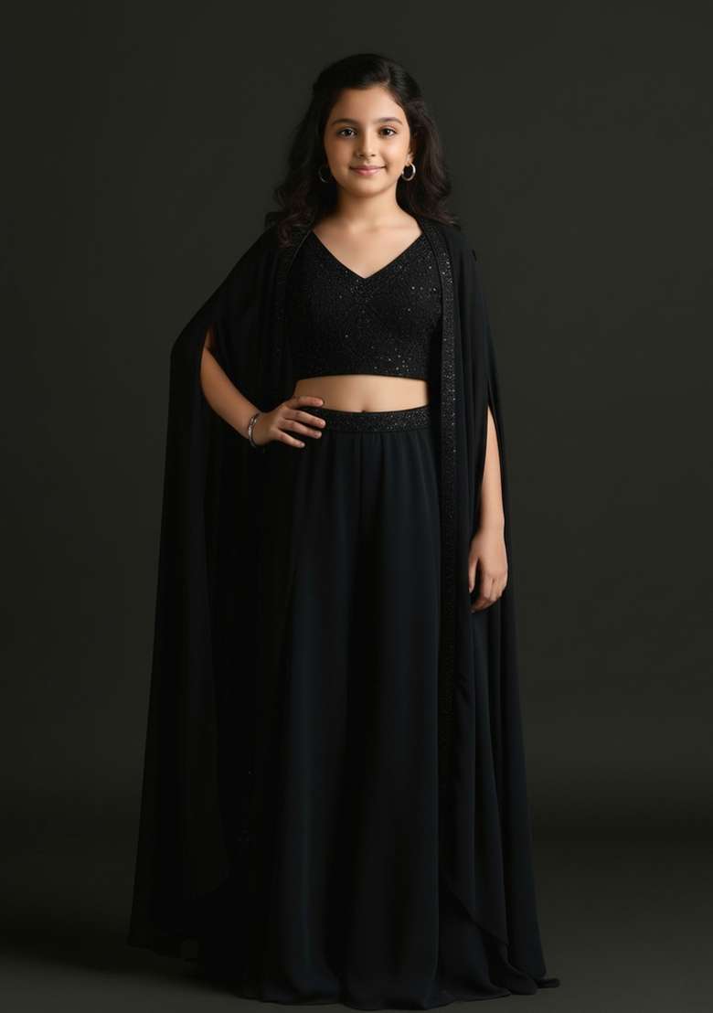 Girls Black Embroidered Georgette Fusion Set - Indya