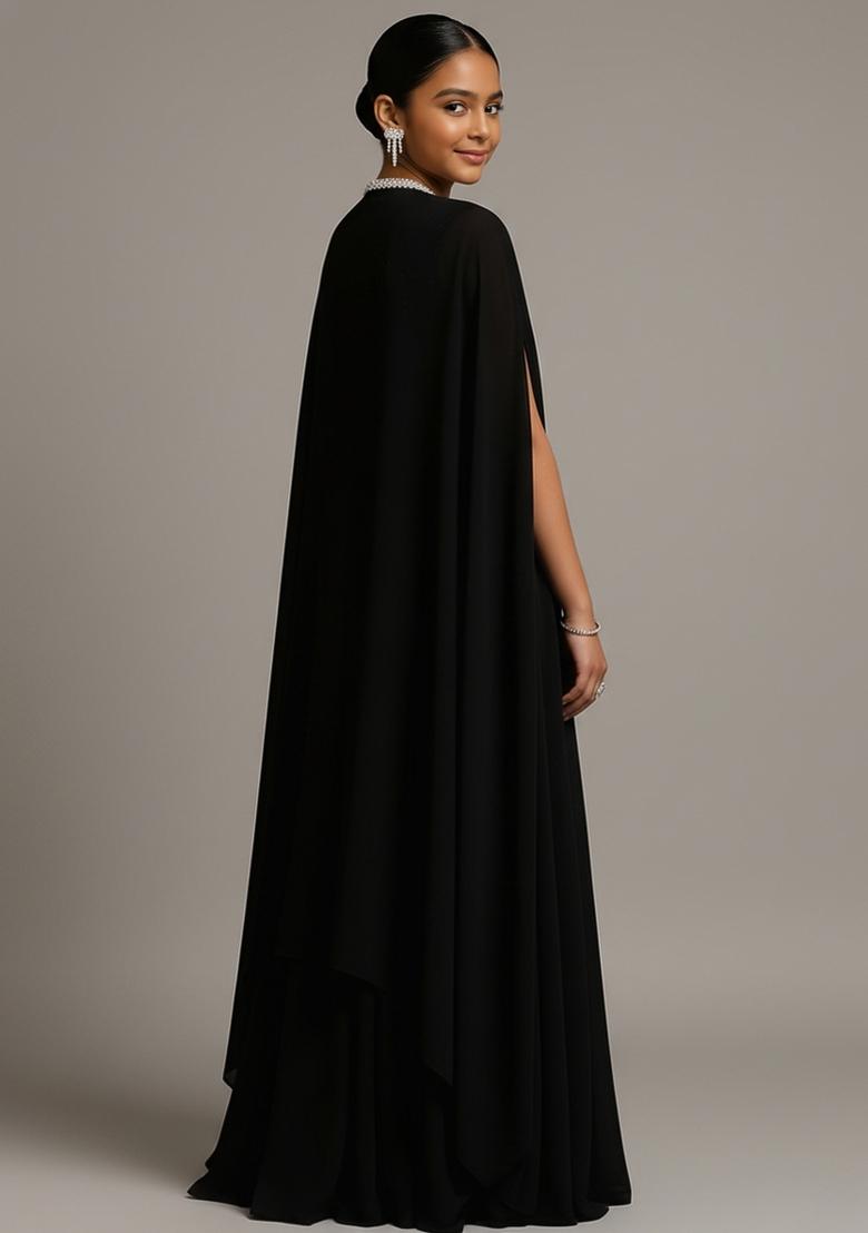 Girls Black Embroidered Georgette Fusion Set - Indya