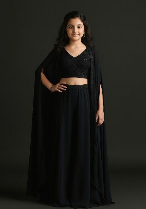 Girls Black Embroidered Georgette Fusion Set