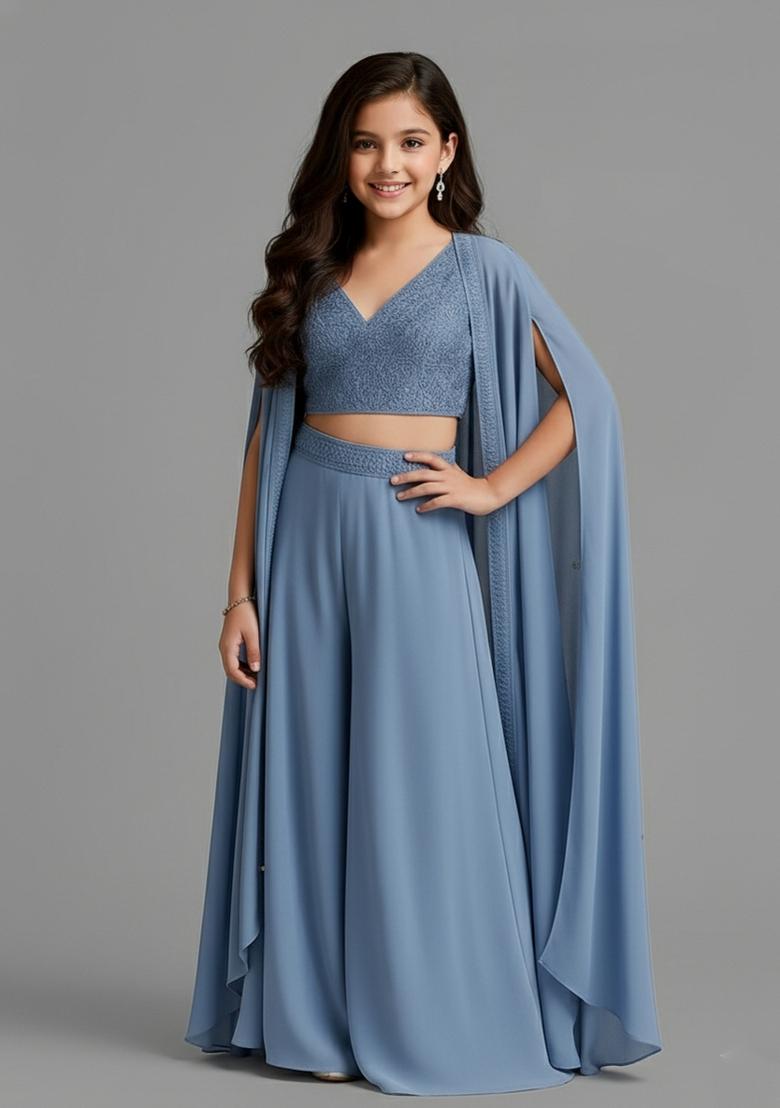 Girls Sky Blue Embroidered Georgette Fusion Set - Indya