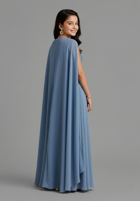 Girls Sky Blue Embroidered Georgette Fusion Set