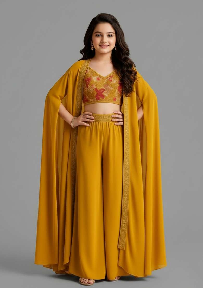 Girls Mustard Embroidered Georgette Fusion Set - Indya