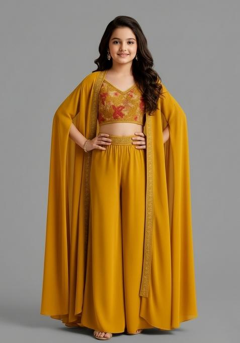 Girls Mustard Embroidered Georgette Fusion Set