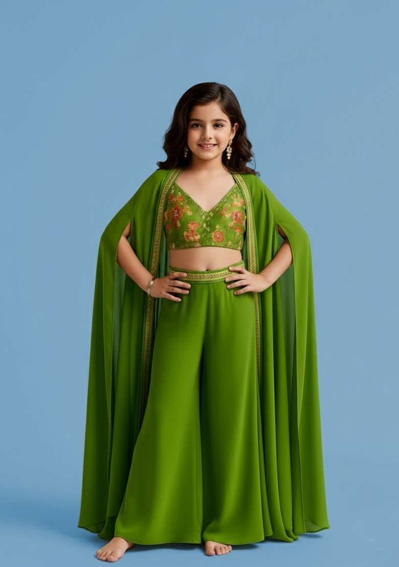 Girls Parrot Green Embroidered Georgette Fusion Set - Indya