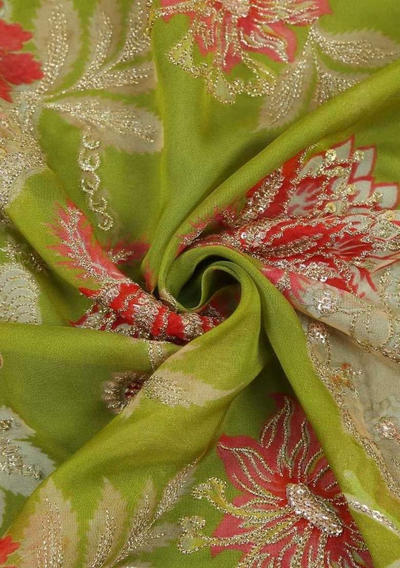 Girls Parrot Green Embroidered Georgette Fusion Set - Indya