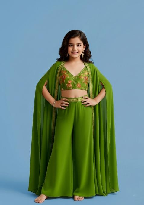 Girls Parrot Green Embroidered Georgette Fusion Set