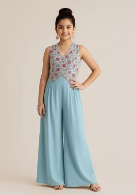 Girls Sky Blue Embroidered Georgette Fusion Set