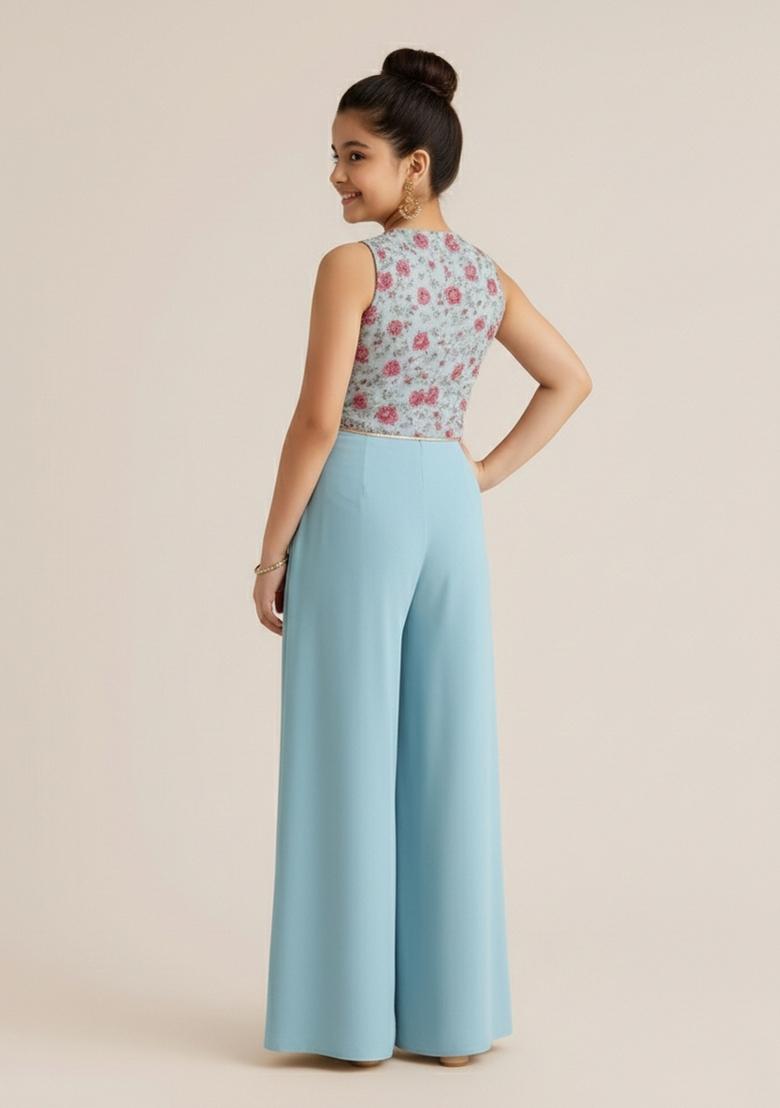 Girls Sky Blue Embroidered Georgette Fusion Set - Indya