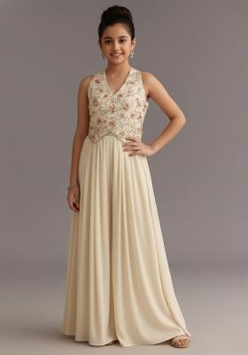 Girls Cream Embroidered Georgette Fusion Set