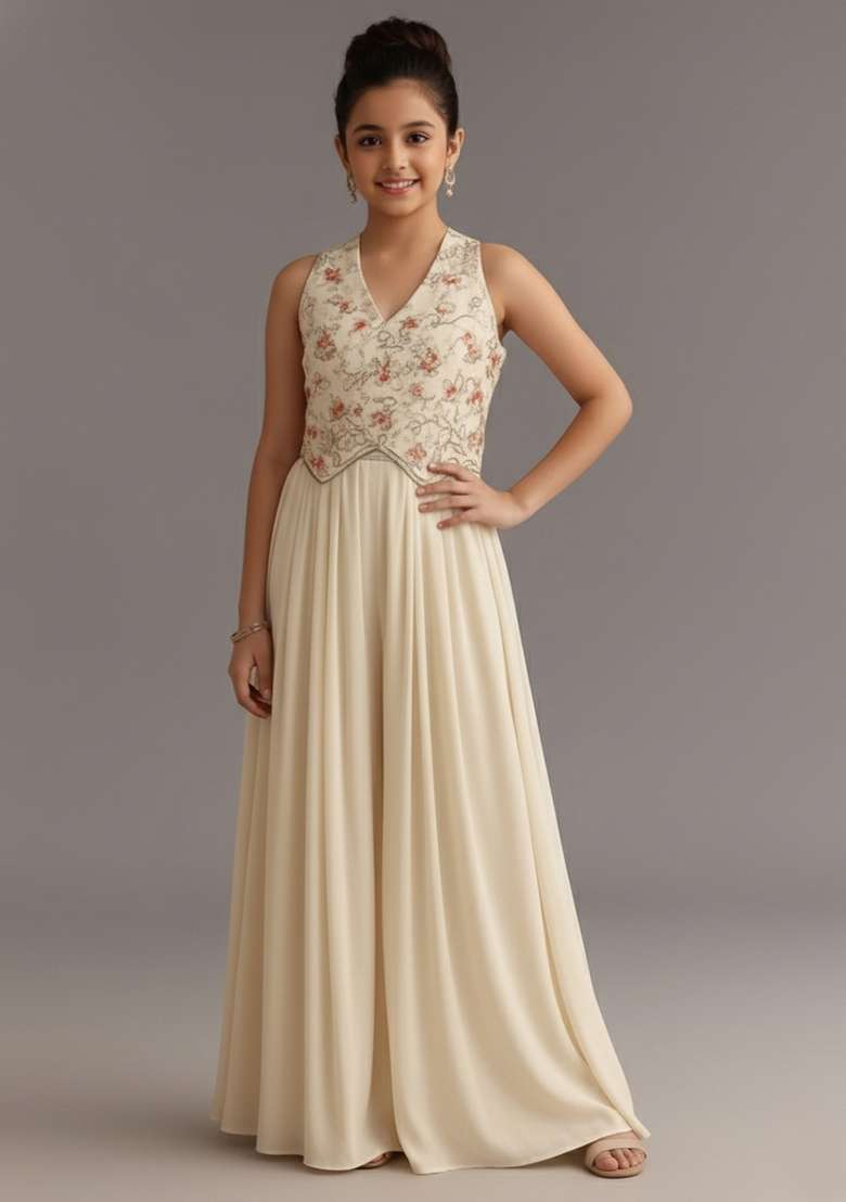 Girls Cream Embroidered Georgette Fusion Set - Indya