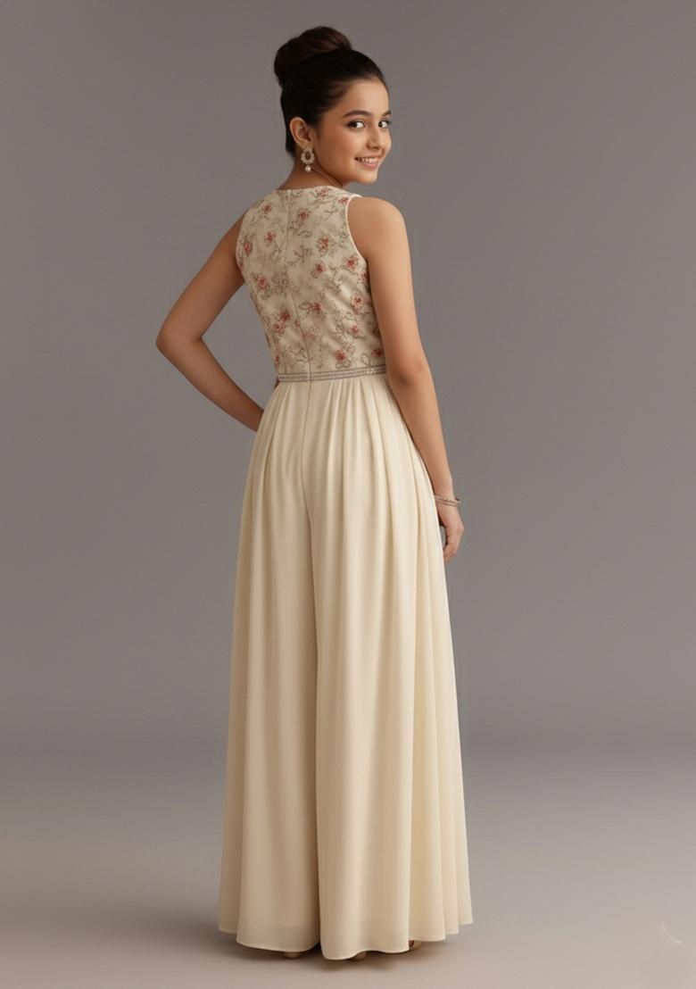 Girls Cream Embroidered Georgette Fusion Set - Indya