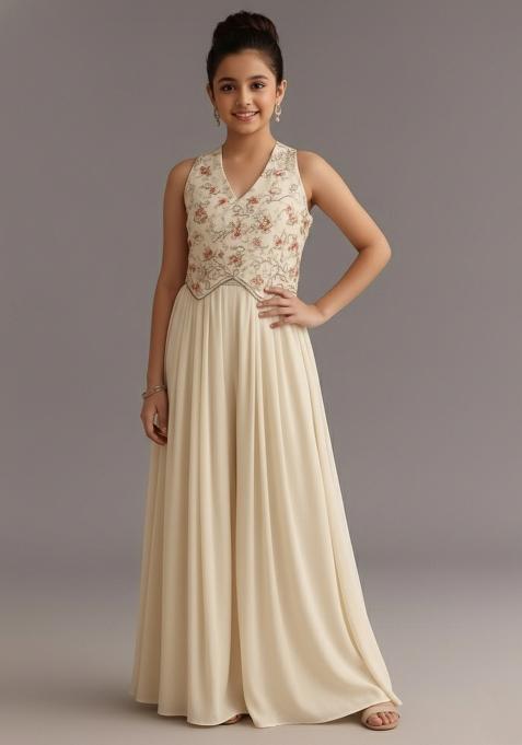 Girls Cream Embroidered Georgette Fusion Set