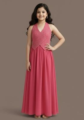 Girls Pink Embroidered Georgette Fusion Set