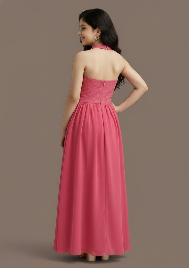 Girls Pink Embroidered Georgette Fusion Set - Indya