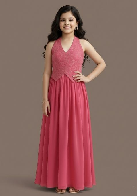 Girls Pink Embroidered Georgette Fusion Set