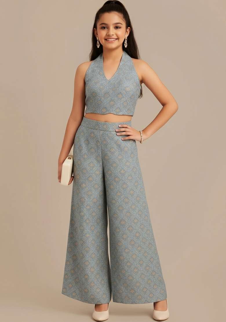 Girls Silver Brocade Fusion Set - Indya