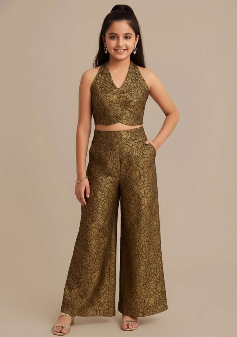Girls Brown Brocade Fusion Set - Indya