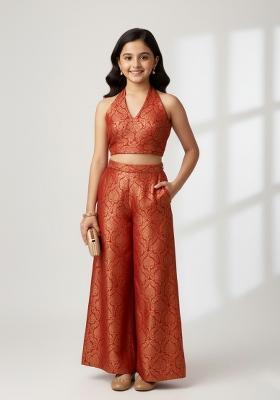 Girls Maroon Brocade Fusion Set