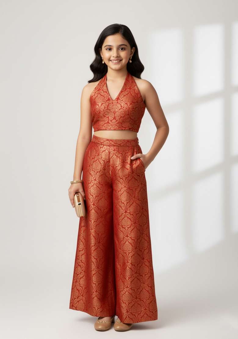 Girls Maroon Brocade Fusion Set - Indya
