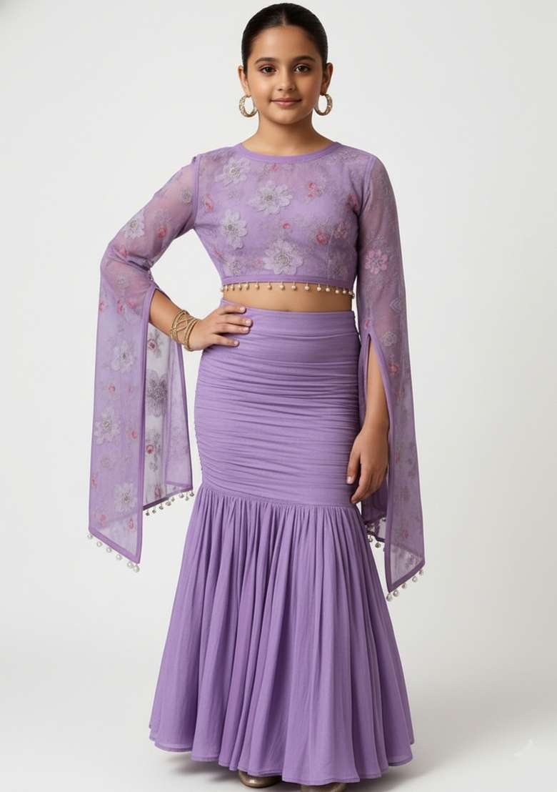 Girls Light Purple Embroidered Tissue Fusion Set - Indya