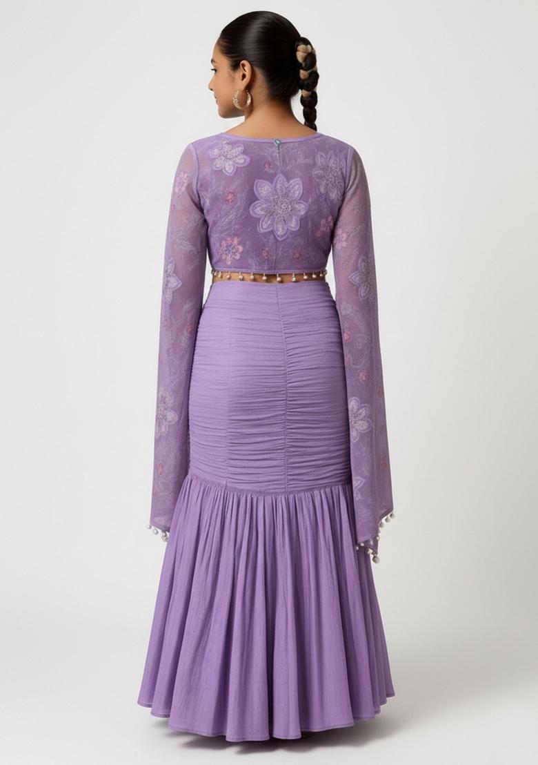 Girls Light Purple Embroidered Tissue Fusion Set - Indya