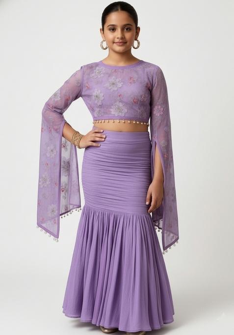 Girls Light Purple Embroidered Tissue Fusion Set