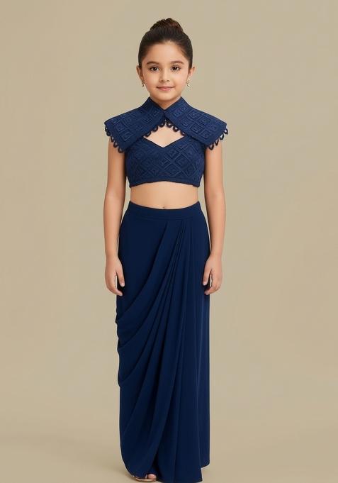 Girls Blue Embellished Georgette Fusion Set