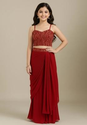 Girls Red Embellished Georgette Fusion Set