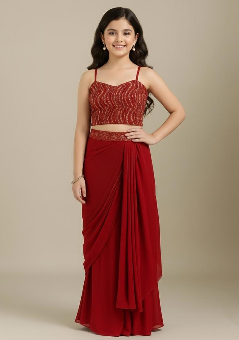 Girls Red Embellished Georgette Fusion Set