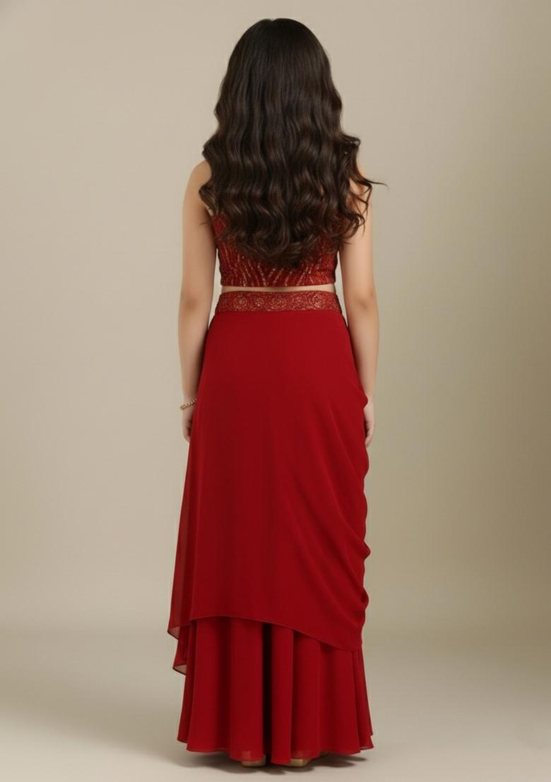 Girls Red Embellished Georgette Fusion Set