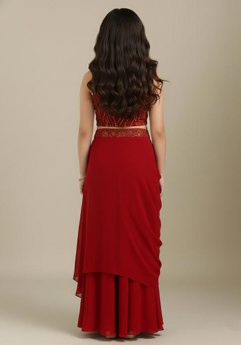 Girls Red Embellished Georgette Fusion Set