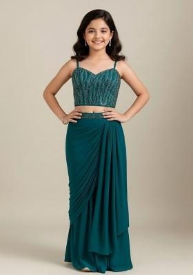 Girls Rama Blue Sequin Georgette Fusion Set