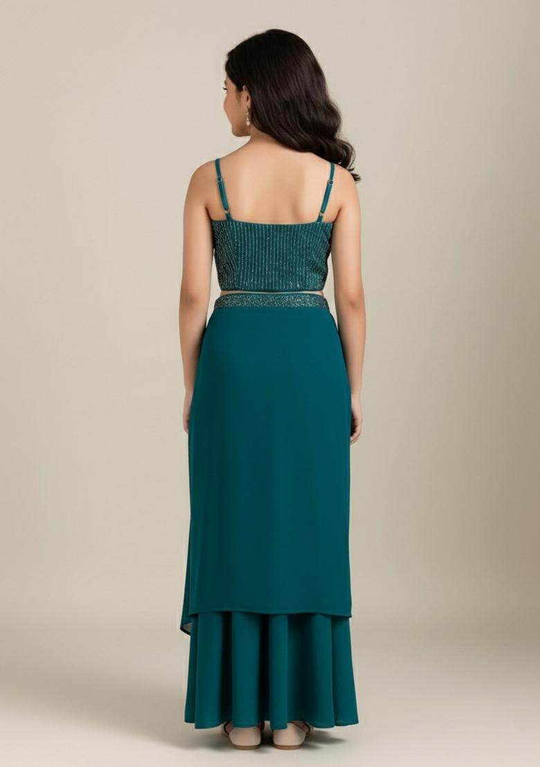 Girls Rama Blue Sequin Georgette Fusion Set - Indya